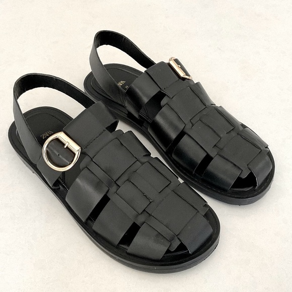 ZARA Black Leather Fisherman Sandal EU 39 Size 8 - Picture 2 of 6